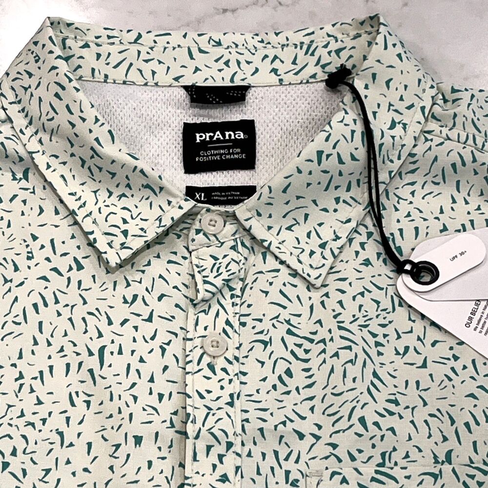 Prana Green and White Casual Button Down Shirt